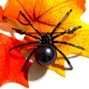 Jeweled Metal Spider Faux Tahitian Pearl Brooch